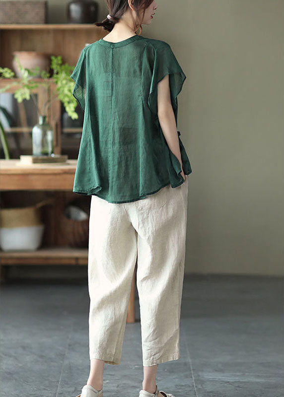 Elegant Green V Neck Button Fall Short Sleeve Blouse Top