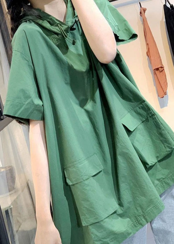 Elegant Green hooded Pockets drawstring Fall Short Sleeve Blouses