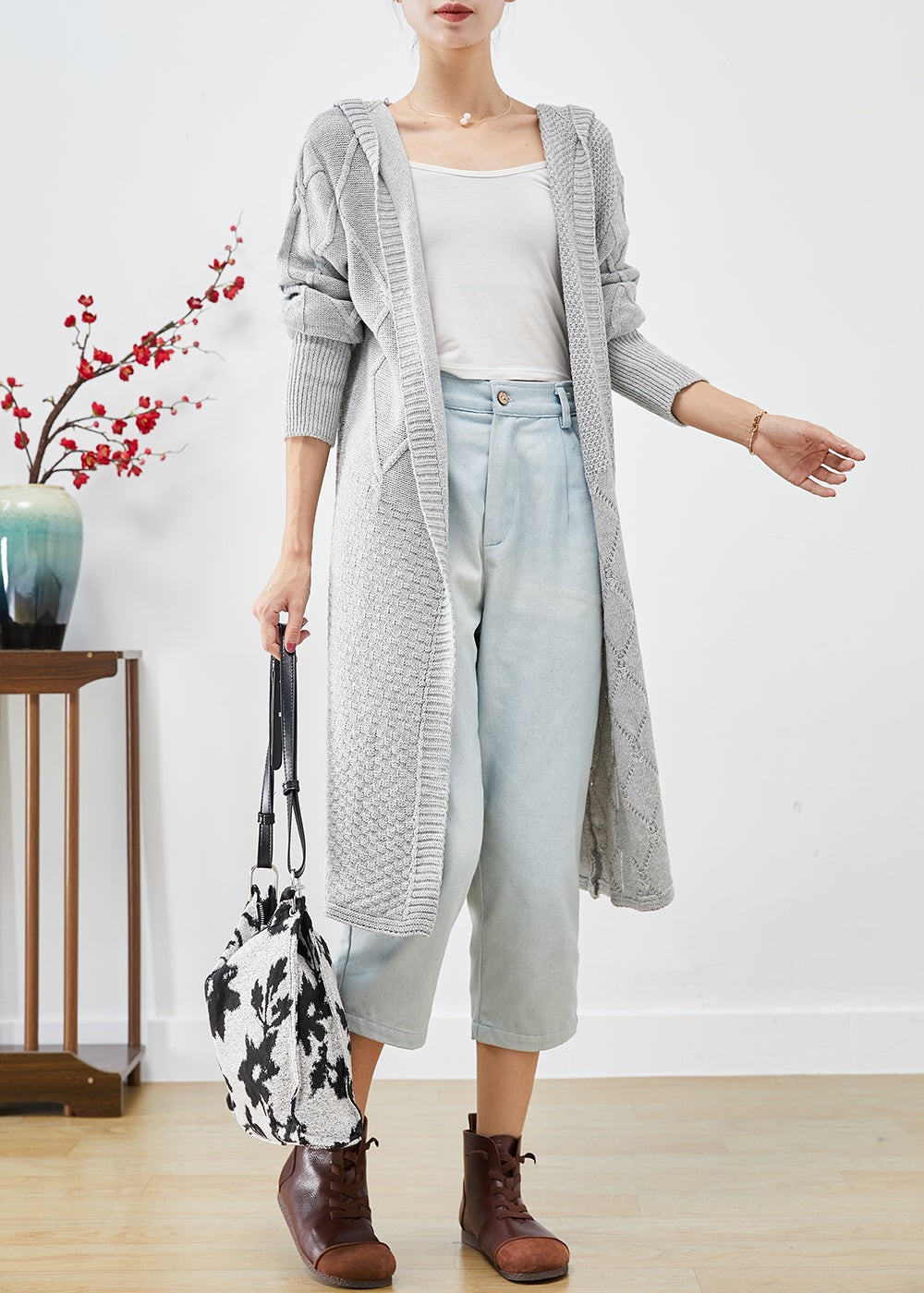 Elegant Grey Hooded Oversized Knit Cardigans Spring