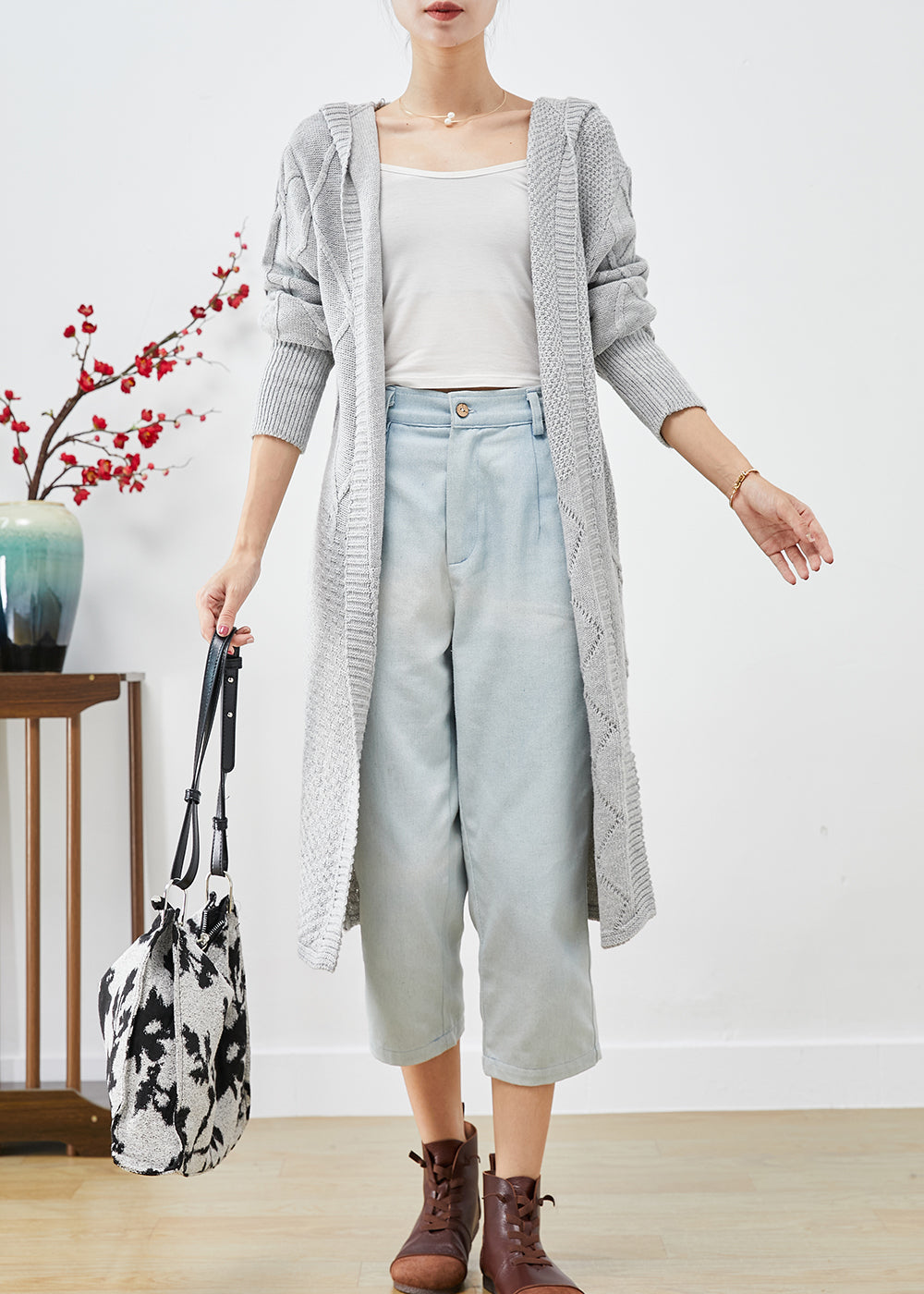 Elegant Grey Hooded Oversized Knit Cardigans Spring