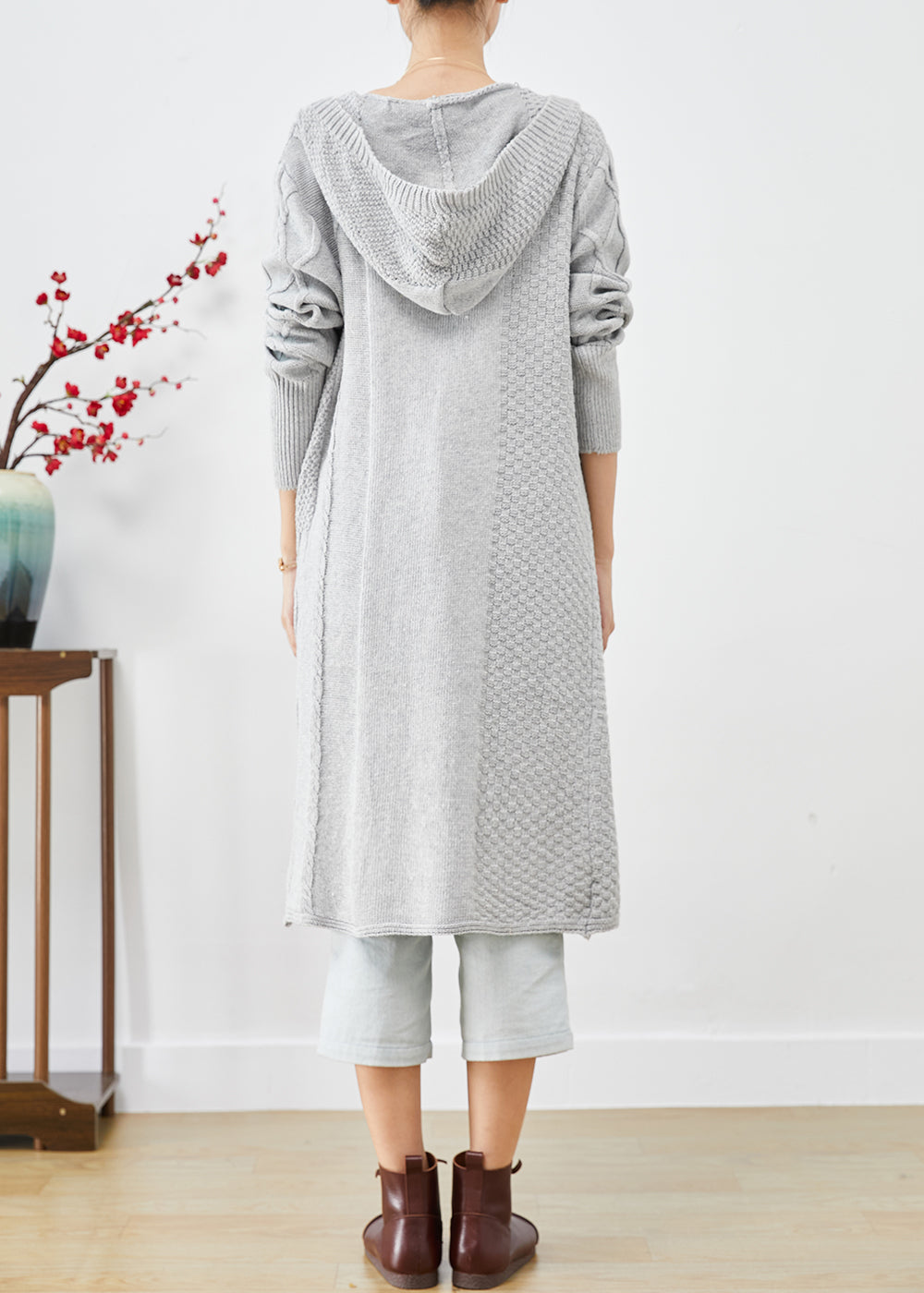 Elegant Grey Hooded Oversized Knit Cardigans Spring