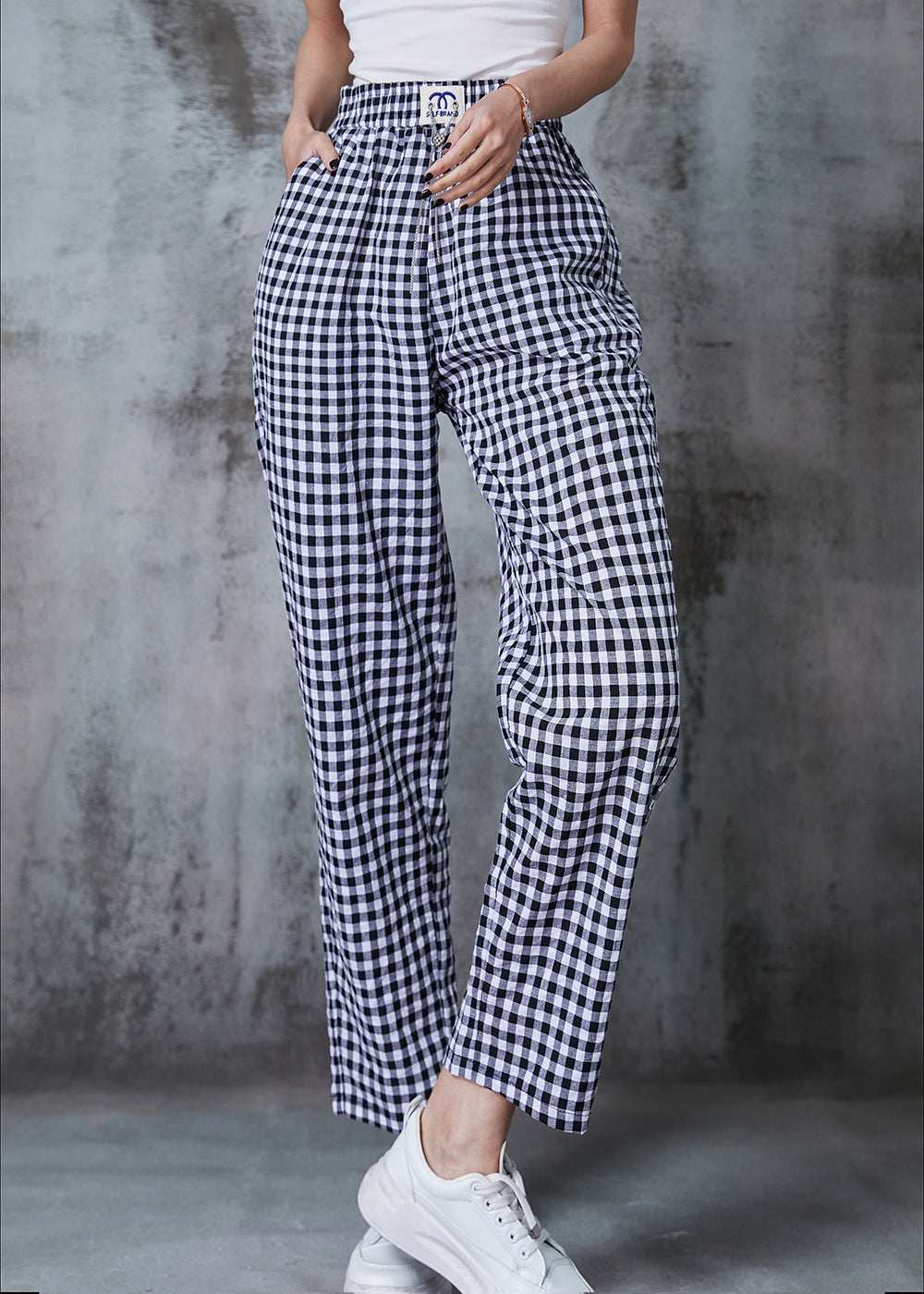 Elegant Grey Oversized Plaid Linen Pants Summer