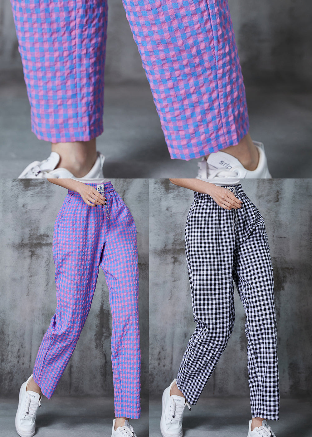 Elegant Grey Oversized Plaid Linen Pants Summer