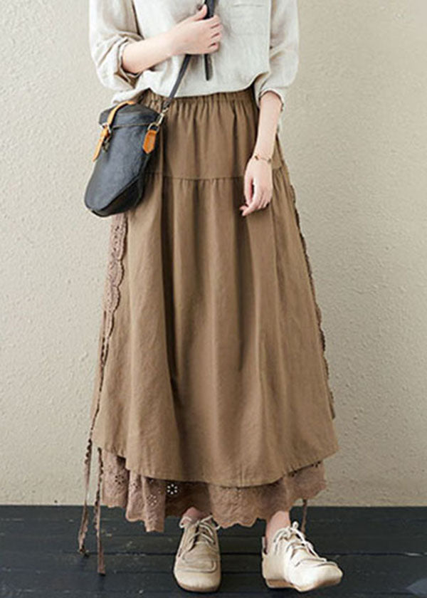 Elegant Khaki Elastic Waist Lace Patchwork Linen A Line Skirts Summer