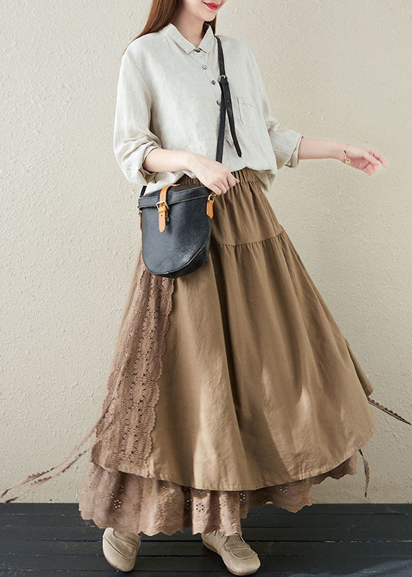 Elegant Khaki Elastic Waist Lace Patchwork Linen A Line Skirts Summer