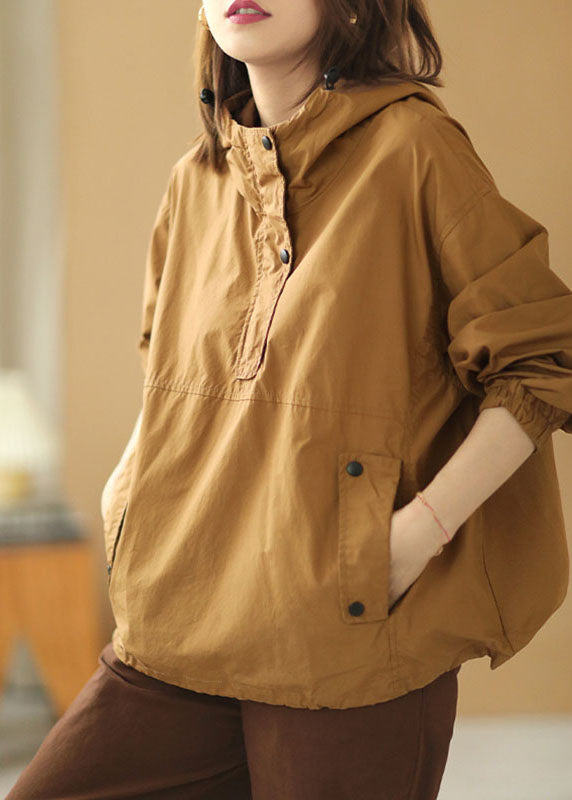 Elegant Khaki Hooded Button Pockets Fall Shirt Long Sleeve