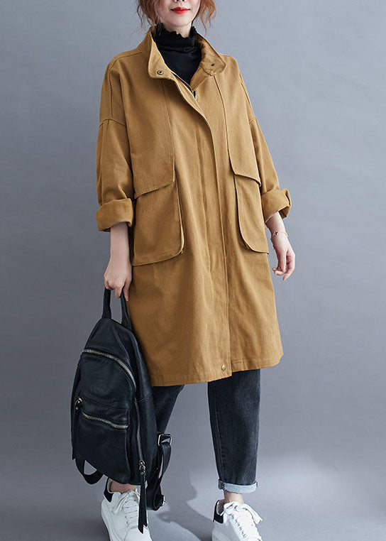 Elegant Khaki Zip Up Pockets Cotton Spring Coat