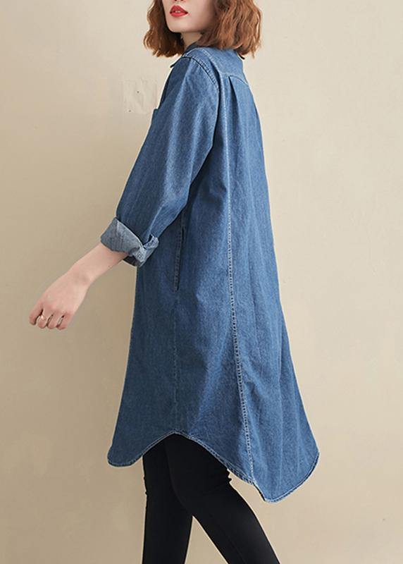 Elegant Lapel Patchwork Top Pattern Denim Blue Top