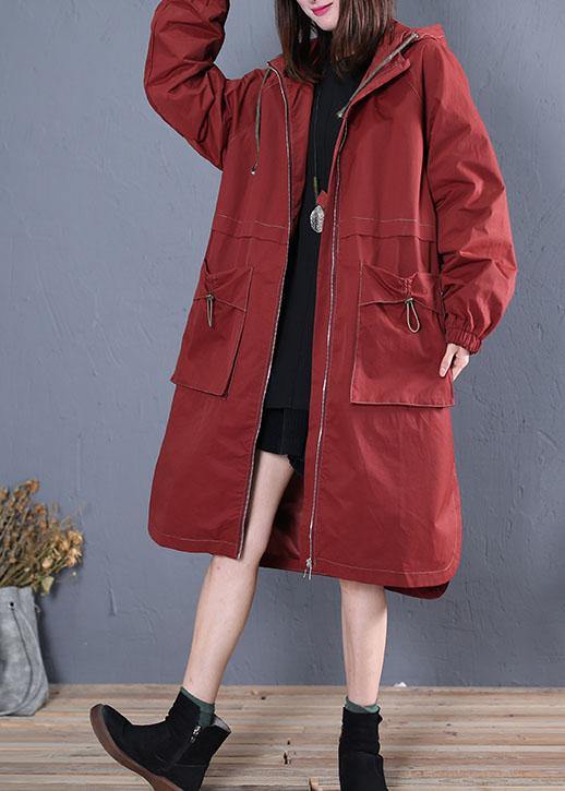 Elegant Loose fitting long jackets fall jacket red side open hooded Coat Women