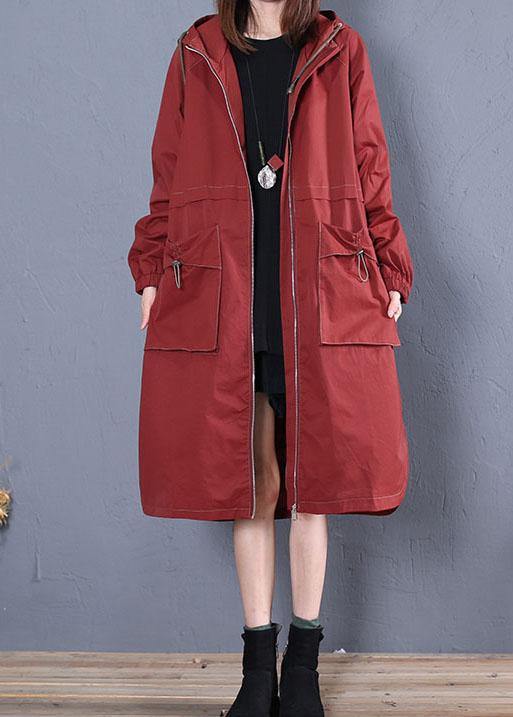 Elegant Loose fitting long jackets fall jacket red side open hooded Coat Women