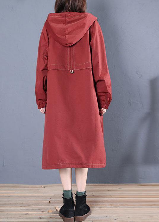 Elegant Loose fitting long jackets fall jacket red side open hooded Coat Women