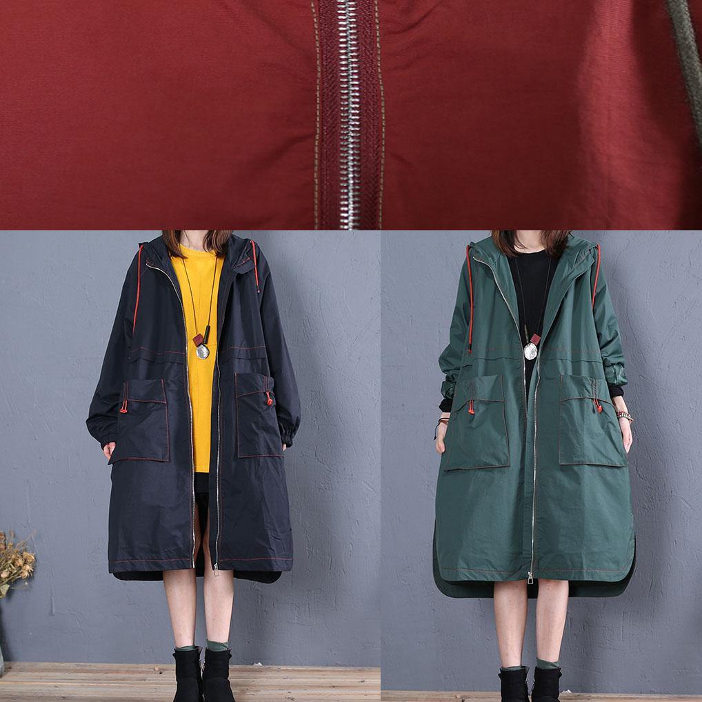 Elegant Loose fitting long jackets fall jacket red side open hooded Coat Women