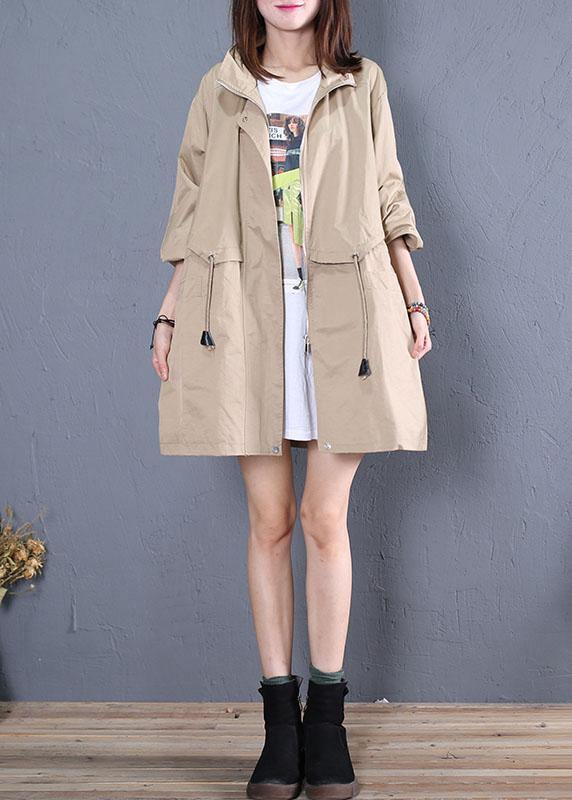 Elegant Loose fitting medium length jackets fall khaki drawstring coats