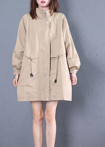 Elegant Loose fitting medium length jackets fall khaki drawstring coats