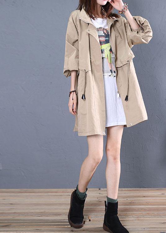 Elegant Loose fitting medium length jackets fall khaki drawstring coats