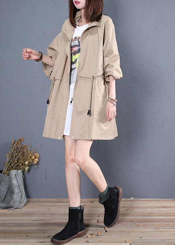 Elegant Loose fitting medium length jackets fall khaki drawstring coats