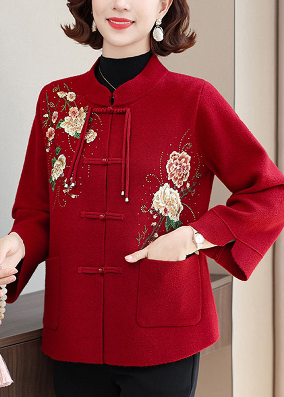 Elegant Mulberry Print Pockets Wool Knit Coats Spring