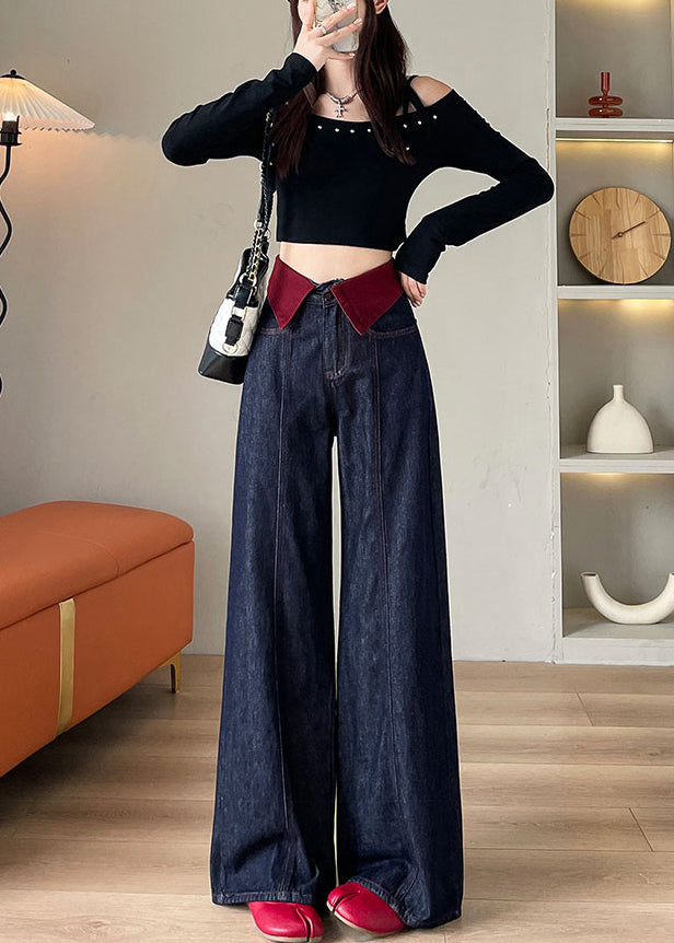 Elegant Navy High Waist Patchwork Denim Straight Pants Spring