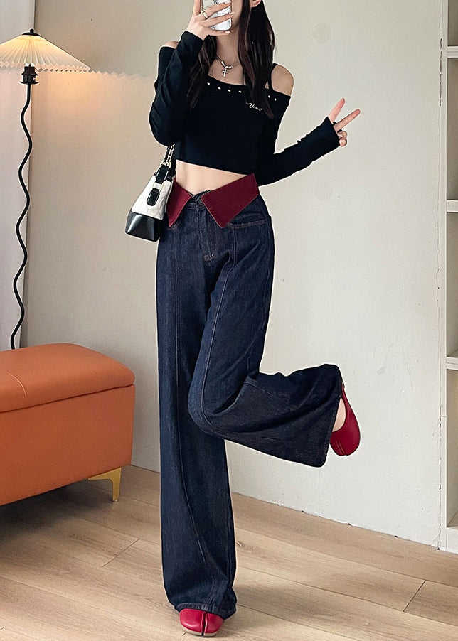 Elegant Navy High Waist Patchwork Denim Straight Pants Spring