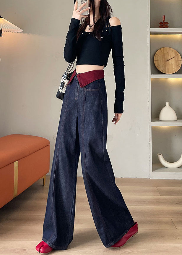 Elegant Navy High Waist Patchwork Denim Straight Pants Spring