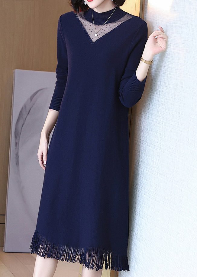 Elegant Navy O-Neck Tasseled Wool Knit Dress Long Sleeve