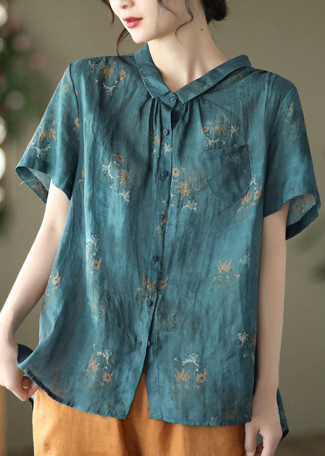 Elegant Navy Peter Pan Collar Wrinkled Linen Shirt Top Short Sleeve