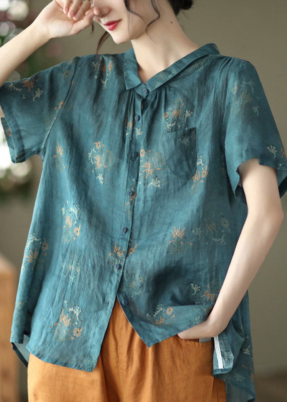 Elegant Navy Peter Pan Collar Wrinkled Linen Shirt Top Short Sleeve