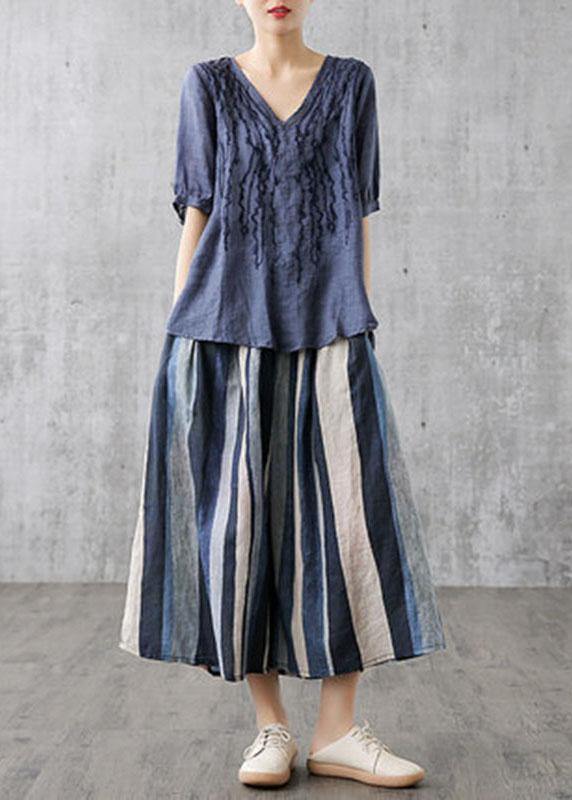 Elegant Navy Retro Striped A Line Summer Skirts Linen