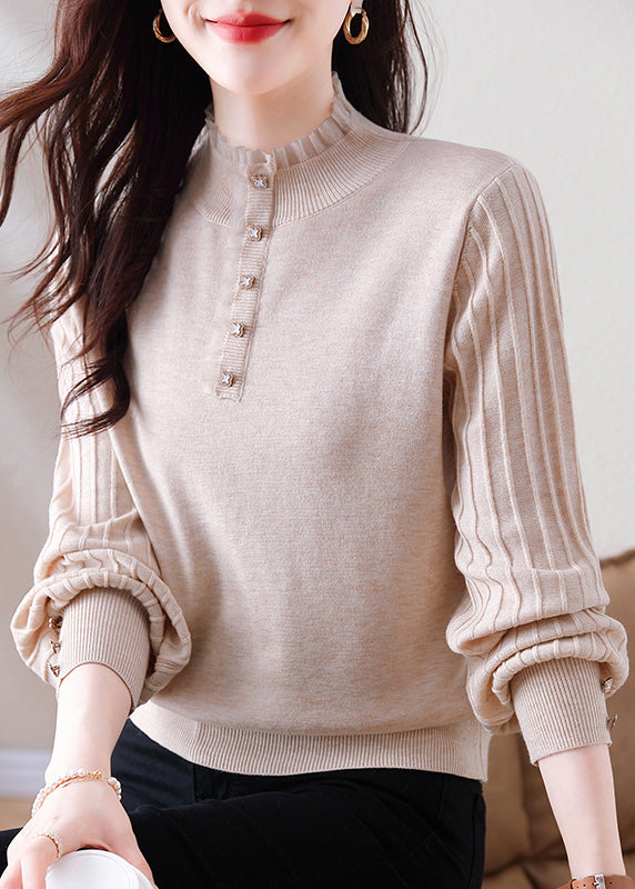 Elegant Oatmeal Ruffled Button Patchwork Woolen Sweater Spring