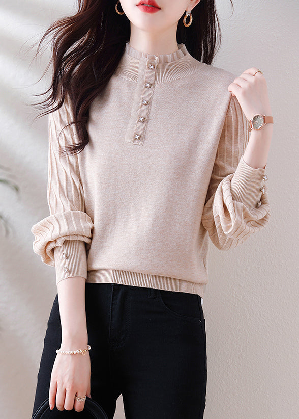 Elegant Oatmeal Ruffled Button Patchwork Woolen Sweater Spring