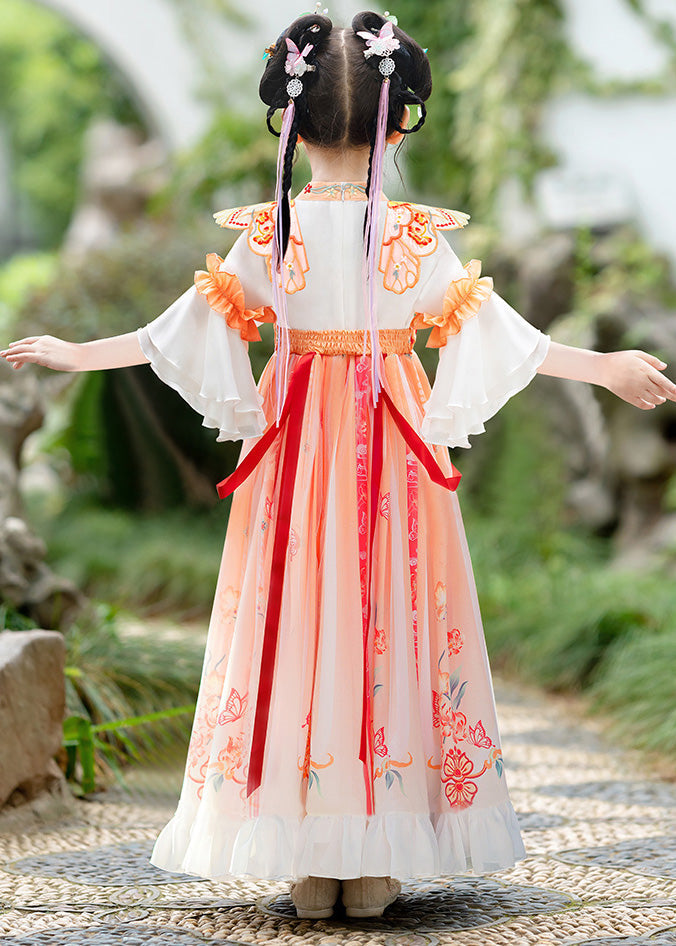 Elegant Orange Embroideried Ruffled Bow Kids Long Dress Summer