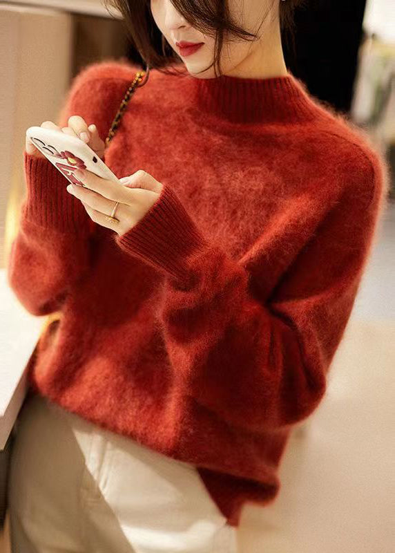 Elegant Orange Hign Neck Patchwork Woolen Knit Sweaters Fall