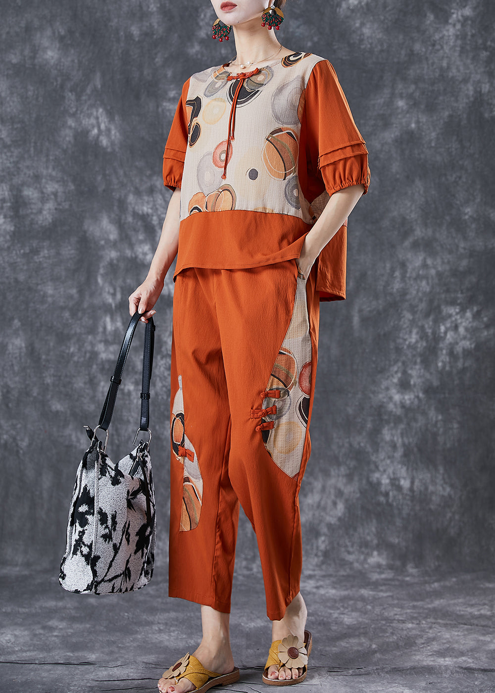 Elegant Orange Print Patchwork Cotton Two Pieces Set Summer