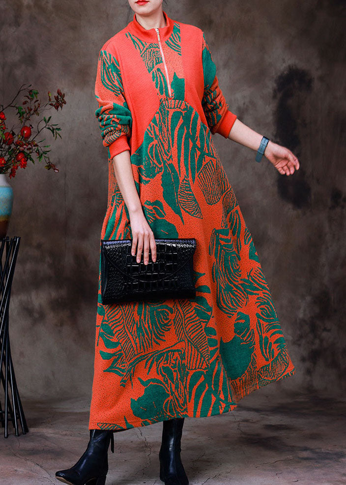 Elegant Orange Stand Collar Zip Up Jacquard Knit Robe Dresses Long Sleeve