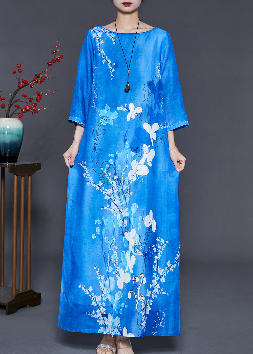 Elegant Peacock Blue Print Side Open Linen Dress Bracelet Sleeve