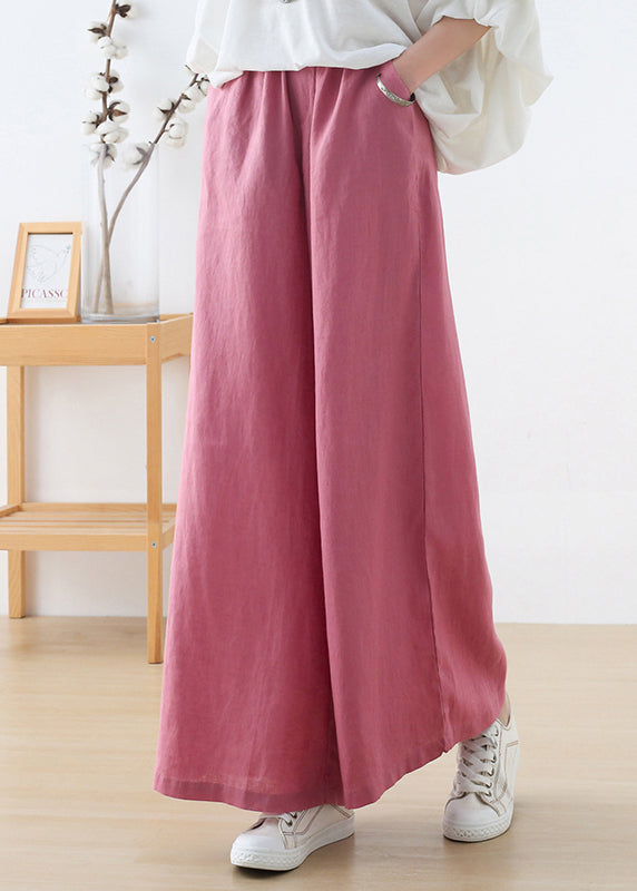 Elegant Pink Elastic Waist Pockets Linen Wide Leg Pants Fall