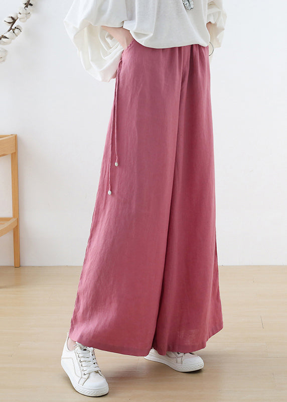 Elegant Pink Elastic Waist Pockets Linen Wide Leg Pants Fall