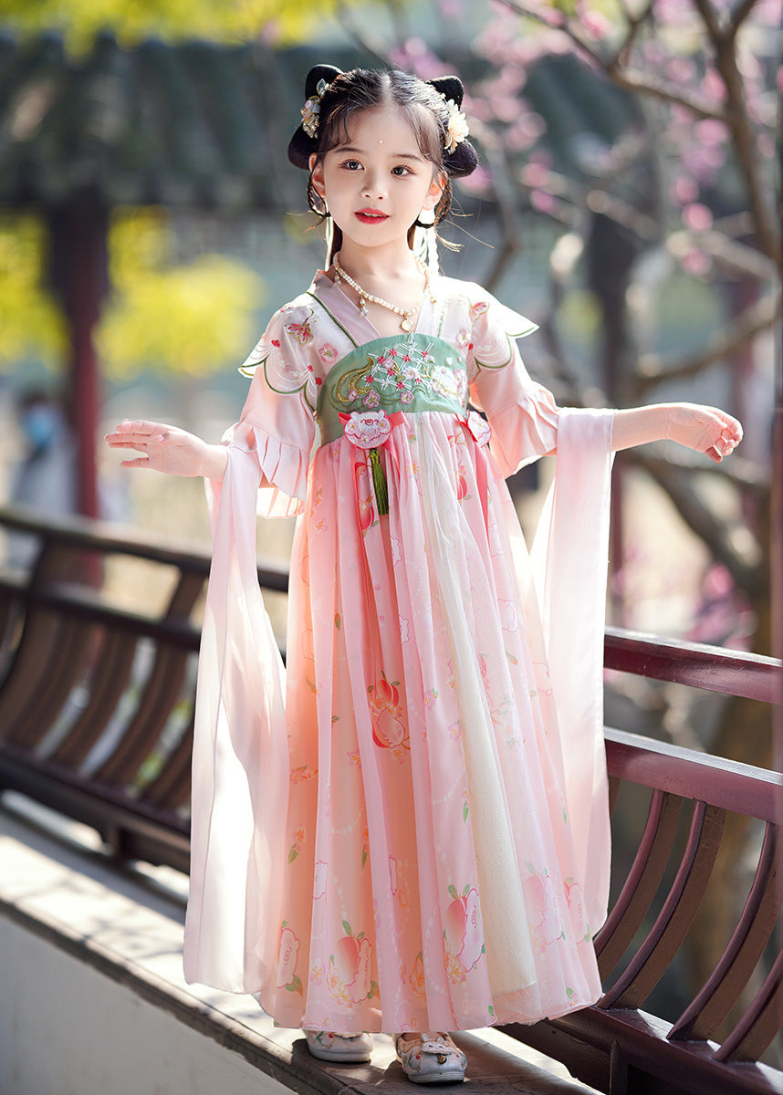 Elegant Pink Embroideried Patchwork Tassel Girls Maxi Dresses Flare Sleeve