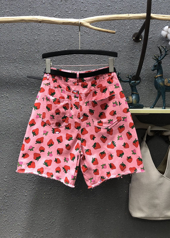 Elegant Pink High Waist Strawberry Print Patchwork Half Straight Pants