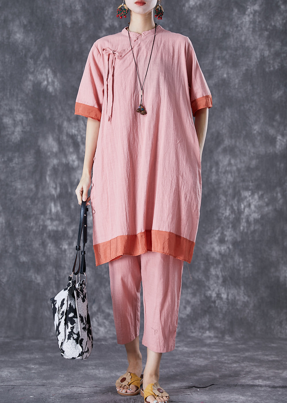 Elegant Pink Patchwork Lace Up Linen Dress And Pants Two Pieces Set Summer