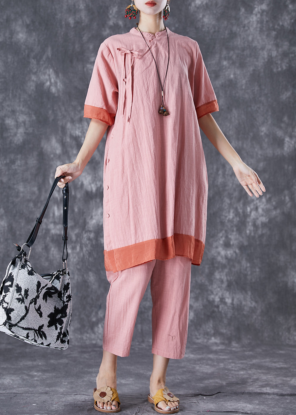 Elegant Pink Patchwork Lace Up Linen Dress And Pants Two Pieces Set Summer