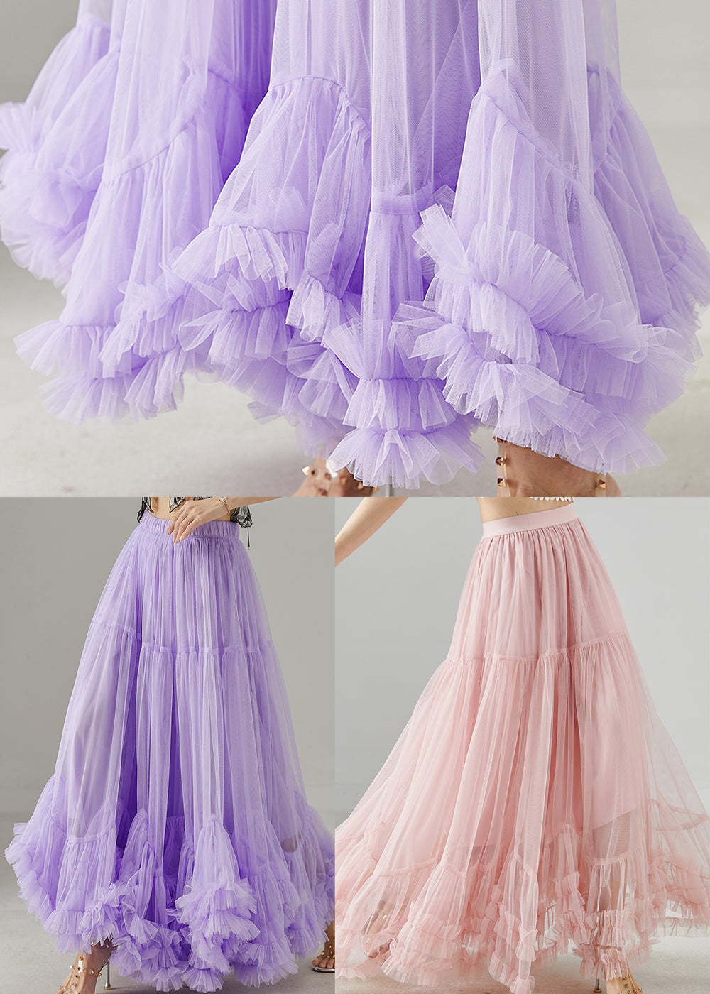 Elegant Pink Ruffled Exra Large Hem Tulle Skirt Spring