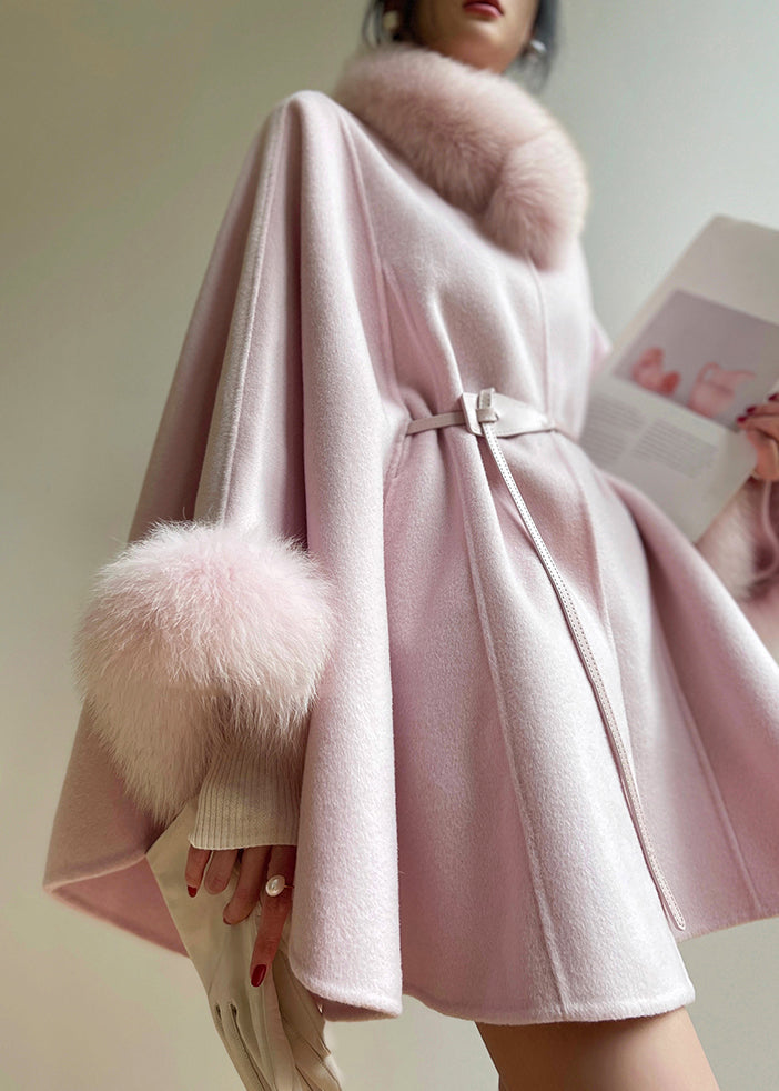 Elegant Pink Tie Waist Patchwork Woolen Coat Spring