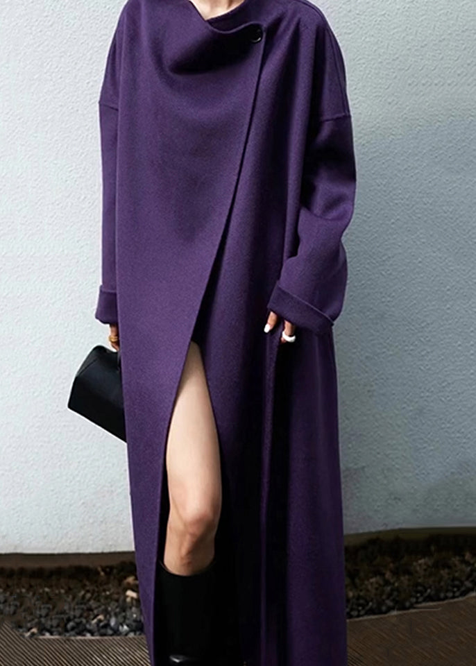 Elegant Purple Pockets Tie Waist Patchwork Woolen Coat Winter