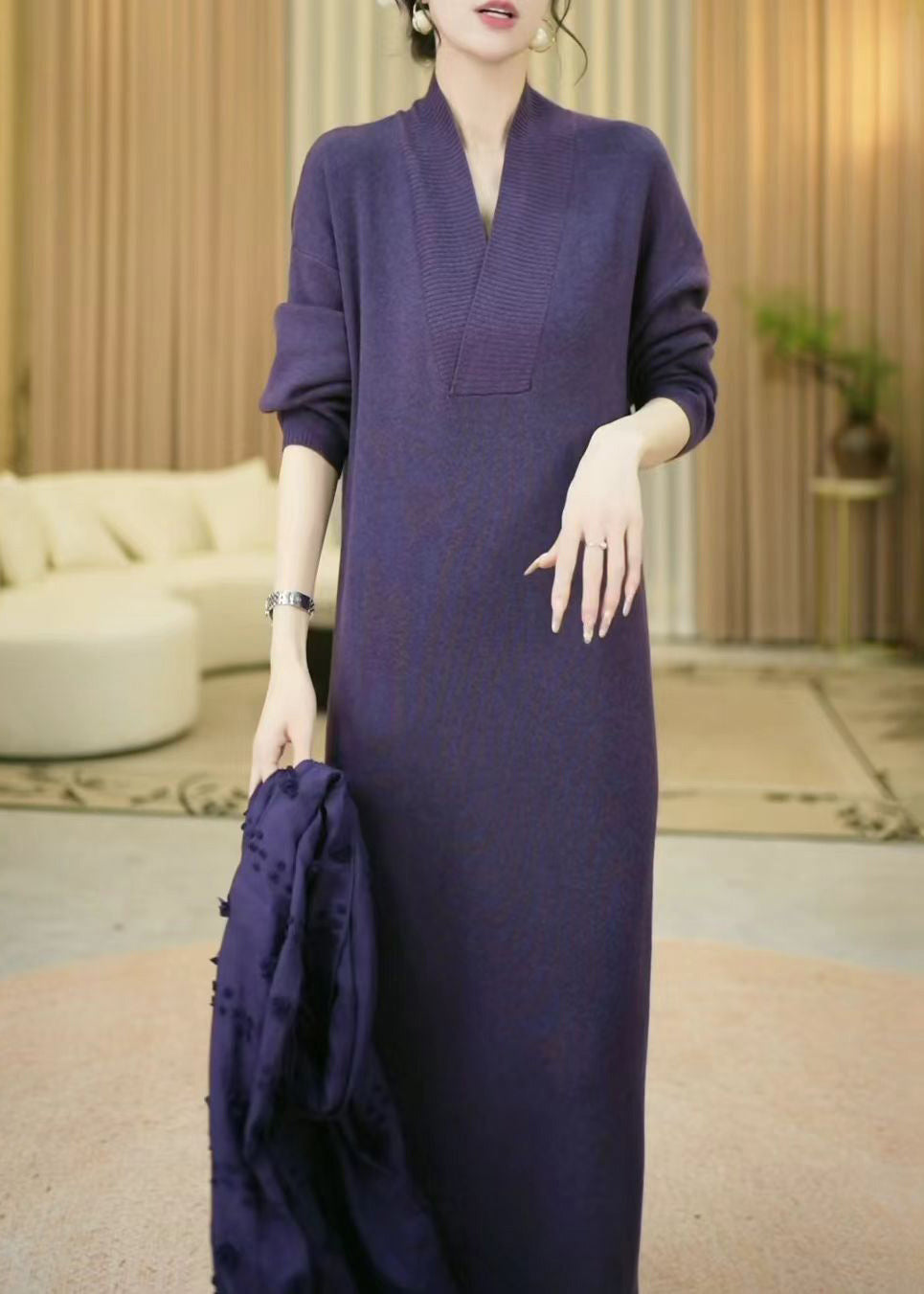 Elegant Purple V Neck Cozy Knit Long Sweater Winter