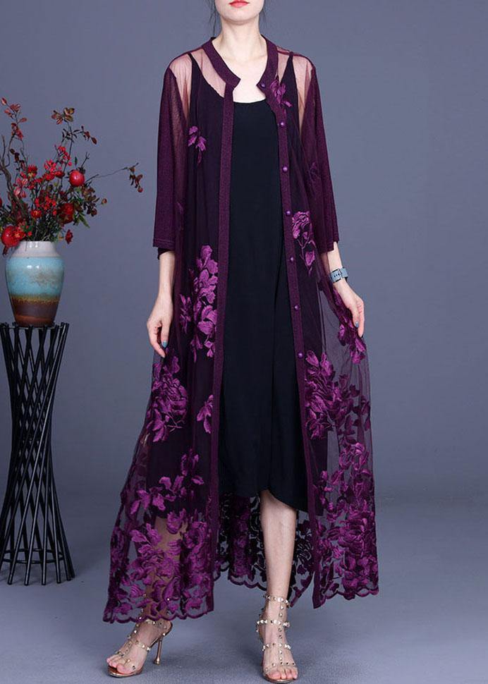 Elegant Purple tulle Embroideried Cardigans Two Piece Set Women Clothing