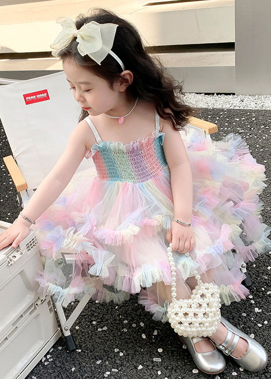 Elegant Rainbow Ruffled Exra Large Hem Tulle Kids Girls Spaghetti Strap Dress Summer