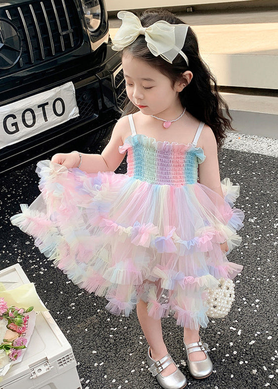 Elegant Rainbow Ruffled Exra Large Hem Tulle Kids Girls Spaghetti Strap Dress Summer