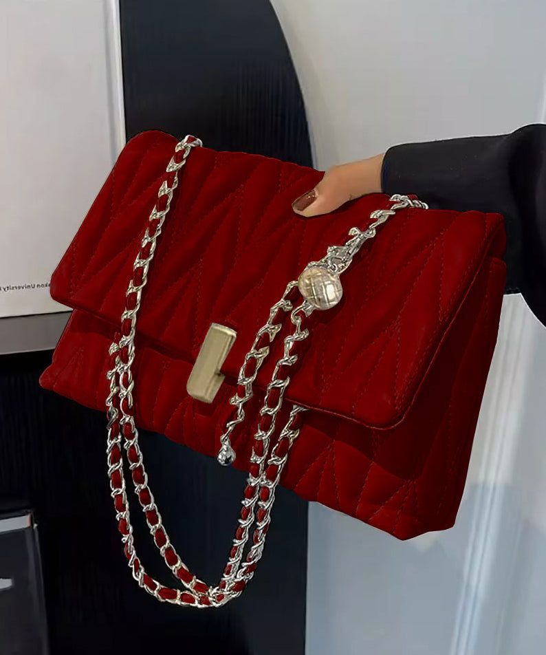 Elegant Red Chain Linked Faux Leather Satchel Bag Handbag