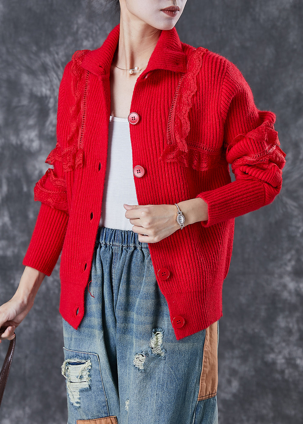 Elegant Red Peter Pan Collar Lace Patchwork Knit Coats Winter